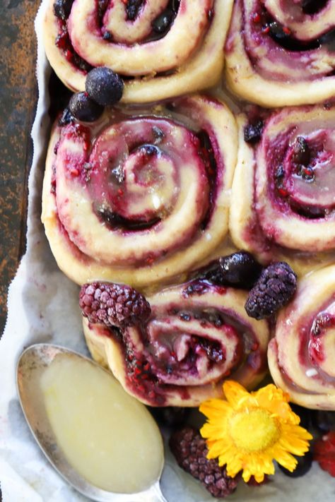 Triple Berry Sweet Rolls with Meyer Lemon Glaze - Butternut and Sage Berry Cinnamon Rolls, Berry Sweet Rolls, Triple Berry Muffins, Berry Muffins, Summer Baking, Lemon Glaze, Sweet Rolls, Sticky Buns, Meyer Lemon