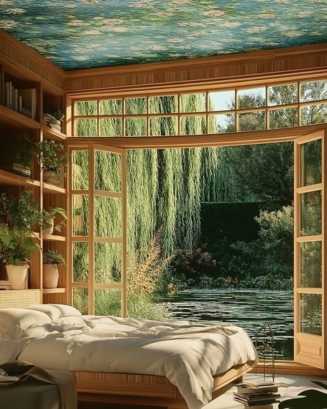 monet’s sanctuary 🧚🏻🪴 Monet Bedroom, Home In Nature, Beach House Room, Monet Inspired, Best Color Schemes, Soft Green Color, Nature Home, Bedroom Murals, Serene Bedroom