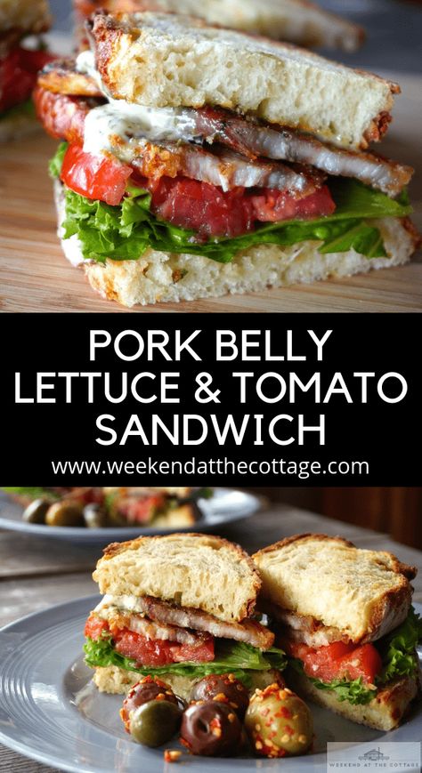 Crispy Pork Belly Sandwich, Pork Belly Blt Recipe, Pork Belly Sandwich Recipes, Chimichurri Mayo, Pork Belly Burger, Pork Belly Sandwich, Lettuce Tomato Sandwich, Pork Sandwich Recipes, Easy Lunch Idea