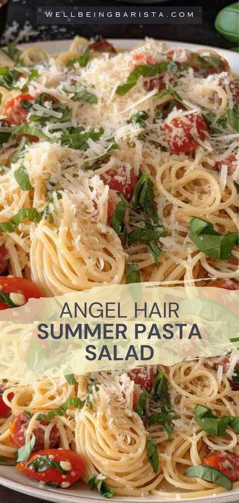 Angle Hair Pasta Salad, Tomato Garlic Salad, Ina Garten Summer Pasta, Chicken And Olive Oil Pasta Recipes, Summer Angel Hair Pasta, Angel Hair Summer Pasta, Summer Seasonal Recipes, Angel Hair Pasta With Cherry Tomatoes, Summertime Recipes Dinner