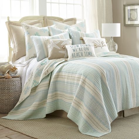 PRICES MAY VARY. THE STONE HARBOR DESIGN: One of our most popular coastals, Stone Harbor is inspired by a relaxing tropical vacation, featuring a simple stripe design in taupe, cream, and varying shades of light blue and a charming reverse pattern of coral tossed in various styles and coastal colors. Enjoy for years to come! SOFT AND COMFORTABLE LUXURY: Made from 100% cotton and filled with a cotton rich filler (that includes polyester and other fibers), this quilt will never feel heavy, stiff o Coastal Quilts, Beach Quilt, King Quilt Sets, Beach Bedding, Beach Room, Stone Harbor, Tropical Home Decor, Beach Cottage Decor, Beach Bedroom