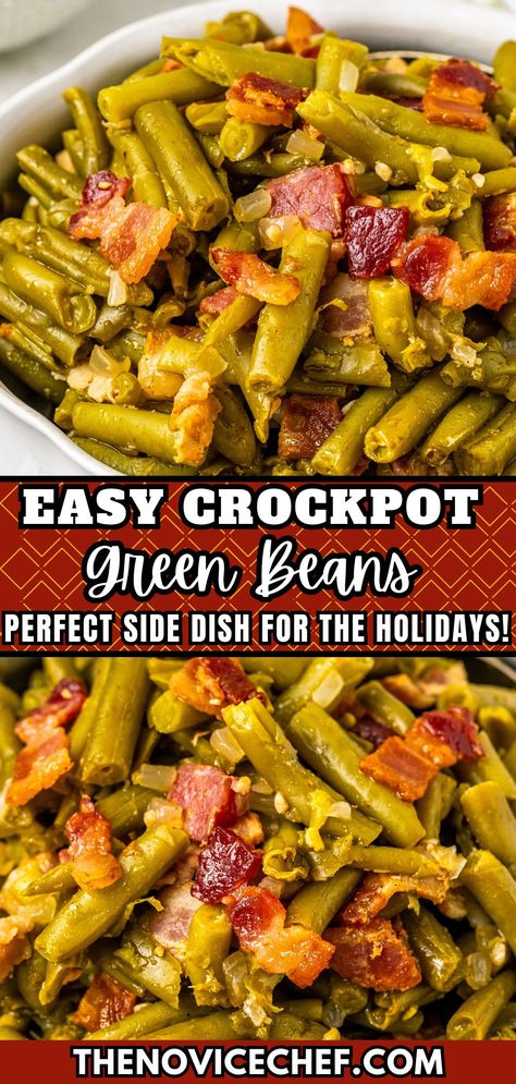 Southern Green Beans With Bacon, Crock Pot Green Beans, Canned Green Bean Recipes, Thanksgiving Side Dishes Crockpot, Beans Recipe Crockpot, Crockpot Green Beans, Southern Green Beans, Crockpot Side Dishes, Slow Cooker Green Beans