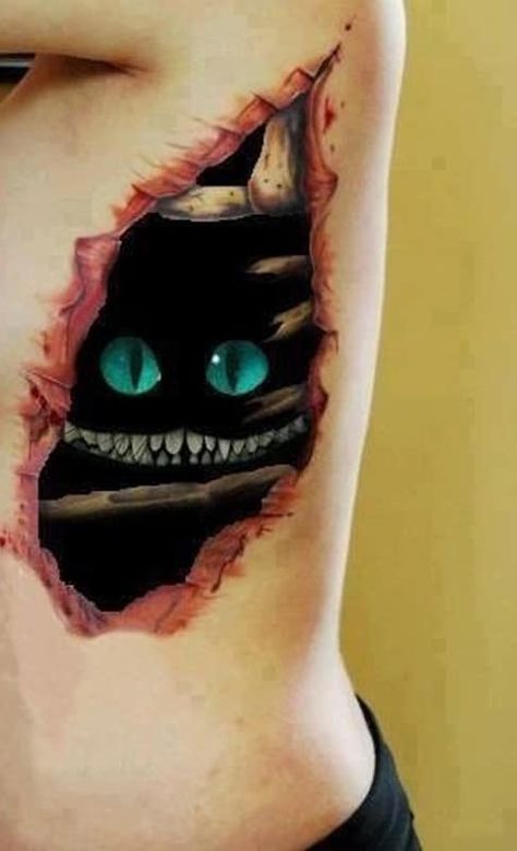 Eye Tattoo Realistic, Tattoo Relationship, Ripped Skin Tattoo, Front Neck Tattoo, Kiss Tattoo, Cheshire Cat Tattoo, Best 3d Tattoos, Tatoo 3d, Kitty Tattoos