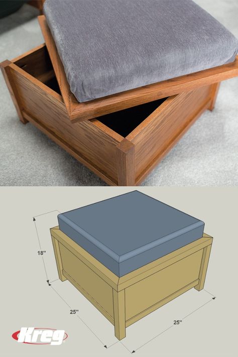 This ottoman provides a great place to rest your feet, plus more hidden inside. Lift off the cushioned top to find storage! You can even flip the top over to create a small coffee table. It’s easy to vary the looks by choosing a stain or paint and fabric that fits your style! Free printable plans with how-to steps, tools & materials list, cut list & diagram. Save Now, Build Later! #DIY #storage #ottoman #livingroom #dormroom #woodworking #hiddenstorage Diy Storage Ottoman Coffee Table, Printable Woodworking Plans, Diy Storage Ottoman, Storage Ottoman Coffee Table, Diy Ottoman, Wood Projects For Kids, Small Woodworking Projects, Storage Stool, Ottoman Coffee