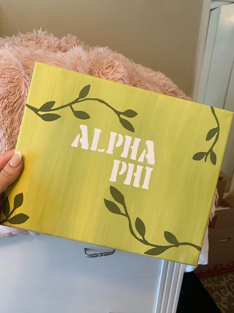 Aphi Canvas Painting, Neutral Sorority Canvas, Green Sorority Canvas, Simple Sorority Canvas, Sorority Canvas Ideas Easy, Alpha Phi Painting, Canvas Painting Ideas Sorority, Sorority Canvas Paintings Big Little, Sorority Painting Canvases