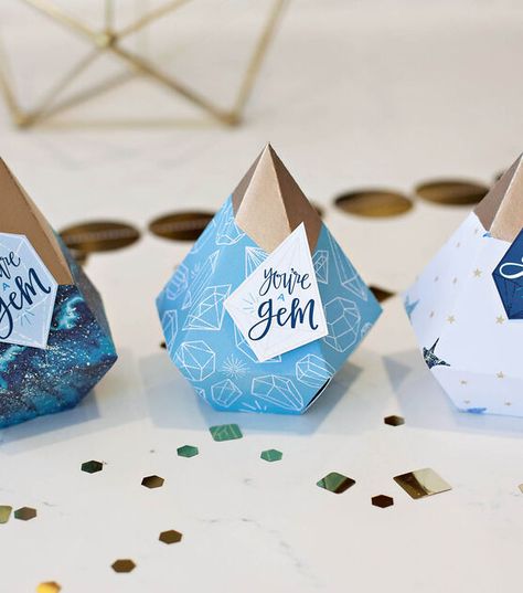 How To Make HWTM Gemstone Favor Boxes Online | JOANN Gemstone Packaging Design, Cricut Party Favor Boxes, Cricut Candy Boxes, Cricut Favor Boxes, Favor Boxes Ideas, Cricut Party Favors, Lunchbox Accessories, Geometric Products, Paper Party Favors