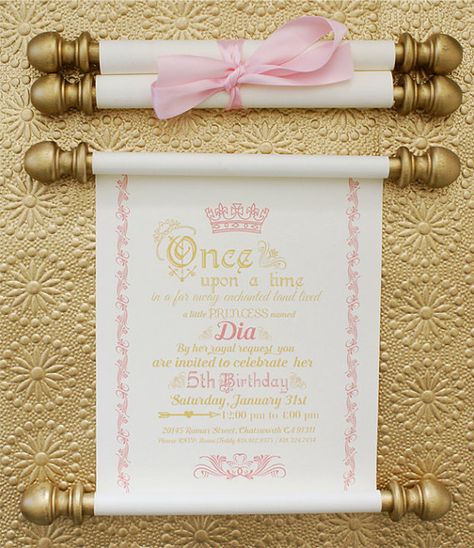 Elegant Princess Scroll Birthday Invitation in Gold and Pink, Princess Scroll Invitation, Luxury Scroll Invite, Princess Party Invitation. by U4riaDesignLLC Royal Princess Birthday, Princess Party Invitations, Pink And Gold Birthday, Scroll Invitation, Princess Theme Birthday, Princess Theme Party, Princess Invitations, Princess Tea Party, Disney Princess Birthday