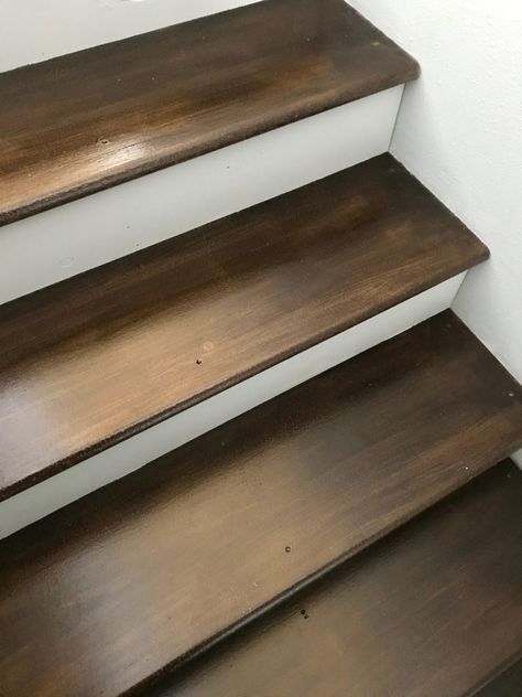 What Color To Paint Stairs, Paint Stairs Brown, Paint Stairs To Look Like Wood, Linoleum Stairs Makeover, Painted Basement Stairs Ideas, Wood Laminate Stairs, Basement Stairs Painted, Wood Stain Colors For Stairs, Brown Paint To Look Like Wood