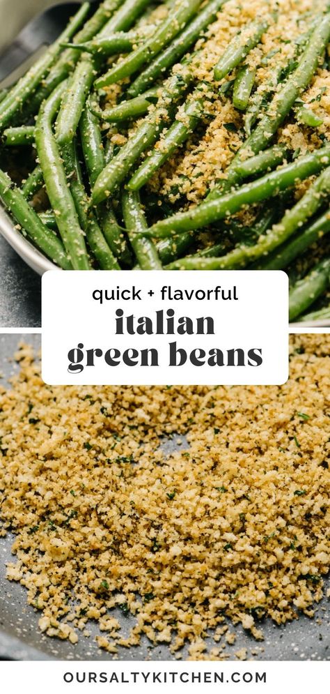 Italian green beans are a bold and flavorful side dish that's ready in just 15 minutes! Sautéed green beans are tossed with buttery toasted breadcrumbs, parmesan cheese, garlic, and lots of seasonings! Toast the breadcrumbs while you steam the beans for a quick & easy recipe perfect for everything from weeknight dishes to holiday meals like Thanksgiving and Christmas. This is a simple and delicious veggie side even your kids will love. #greenbeans #sidedishes #greenbeanrecipes #easyrecipes Pioneer Woman Garlic Green Beans, Savory Green Beans Recipe, Fresh Italian Green Beans Recipe, Italian Beans Recipe, Blanched Green Beans Recipes, Italian Green Bean Casserole, French Green Beans Recipe, French Cut Green Bean Recipes, Parm Green Beans