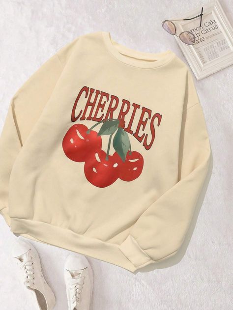 Cherry & Letter Printed Crew Neck Sweatshirt | SHEIN USA Fruit Clothes, Goth Casual, Shein Finds, Women Sweatshirts, Heavy Knit, Neck Hoodie, Free Clothes, Casual Sweatshirt, Long Sleeve Knit