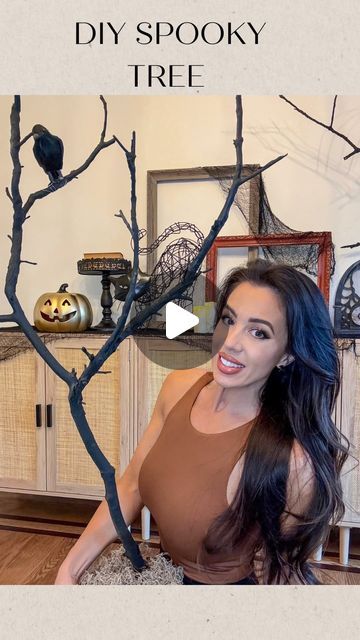 Tree Limb Halloween Decor, Black Tree Branches Halloween, Halloween Branches Porch, Diy Halloween Branch Tree, Halloween Branch Tree, Halloween Branches Diy, Black Halloween Tree Decorating Ideas, Halloween Tree Branch Ideas, Halloween Branch Decor