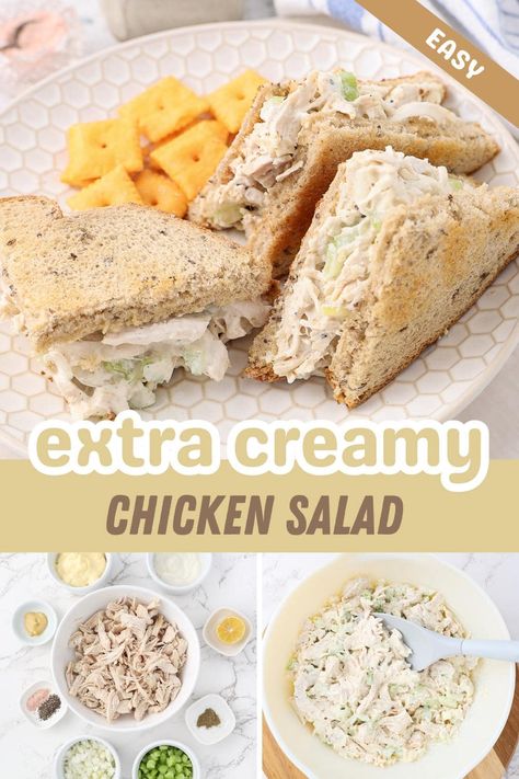 This delicious chicken salad recipe is quick and easy to make, with creamy mayonnaise dressing, crunchy celery, and tender chicken perfectly seasoned for a quick lunch or picnic spread! Ready in 15 minutes! Salad With Mayo Dressing, Chicken Salad With Mayo, Chicken Sandwich Spread, Easy Chicken Salad Sandwich, Creamy Chicken Salad, Mayonnaise Dressing, Chicken Salad Sandwich Recipe, Mayo Dressing, Delicious Chicken Salad