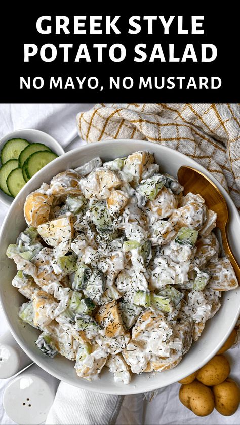 This recipe for Mediterranean potato salad is made with no mayo and no mustard. Golden potatoes get tossed in a creamy greek yogurt tzatziki sauce that's perfect for sharing! #potatosalad #healthy #greekyogurt #tzatziki Potato Salad Mediterranean, Mediterranean Potato Tzatziki Bowl, Taziki Potatoes, Healthy Potato Salad Greek Yogurt, Greek Potatoes Salad, Greek Style Potato Salad, Food For Sharing, Greek Yogurt Potato Salad, Mediterranean Potato Salad