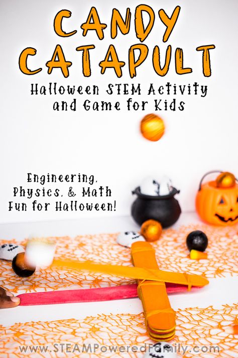 Put those engineering skills to work with this classic STEM activity with a fun and sweet Halloween twist! Candy Catapult is a MUST DO activity this October. It is a fantastic STEM project for kids. Not only do they engineer and construct their catapults, but then they can work to understand the physics to fine tune the aiming and get that candy in the pumpkin or cauldron. Candy Catapults make a fun Halloween Party Game too! #Halloween #HalloweenGame #STEM #Candy #Catapult Pumpkin Catapult, Halloween Catapult, Pumpkin Candy Catapult, Stem Catapult Challenge, Stem Pumpkin Catapults, Halloween Catapult Stem, Pumpkin Launcher Catapult, Catapult For Kids, Candy Delivery