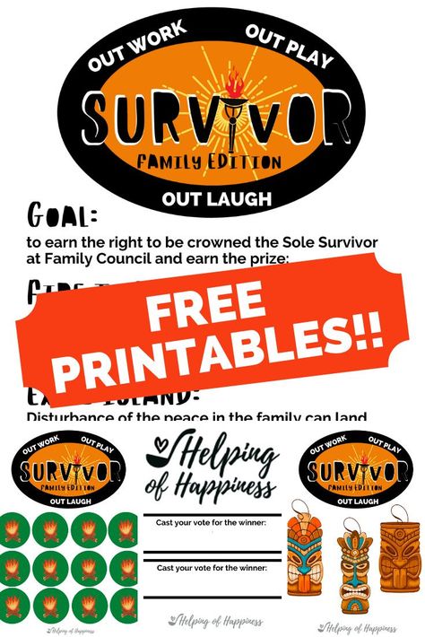 We are huge fans of the TV show Survivor on CBS. We have had such a fun time recreating this show as a game for our family during quarantine. It has reduced the fighting, complaining and whining and brought about more service, a cleaner house and closer sibling relationships- maybe the complete opposite of the show. We hope you enjoy these free party printables and will let us know who the sole survivor is in your family! Survivor Party Games, Survivor Crafts, Survivor Theme, Homemaking Hacks, Survivor Tv Show, Survivor Show, Jeff Probst, Survivor Tv, Survivor Games