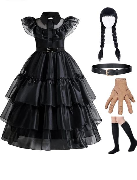 GUUZOGG Wednesday Addams Costume Dress for Girls, Kids Wednesday Addams Dress with Belt, Halloween Costume Cosplay Party Wednesday Halloween Costume, Wednesday Costume, Wednesday Addams Dress, Addams Dress, Wednesday Addams Costume, Wednesday Dress, Diy Halloween Costumes Easy, Dress For Girls, Costume Cosplay