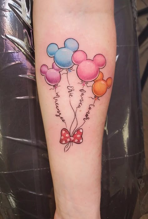 Disney Family Tattoos, Disney Balloon Tattoo, Mickey Balloon Tattoo, Disney Tattoos Mickey, Bell Tattoo, Grandchildren Tattoos, Minnie Tattoo, Disney Inspired Tattoos, Mickey Tattoo