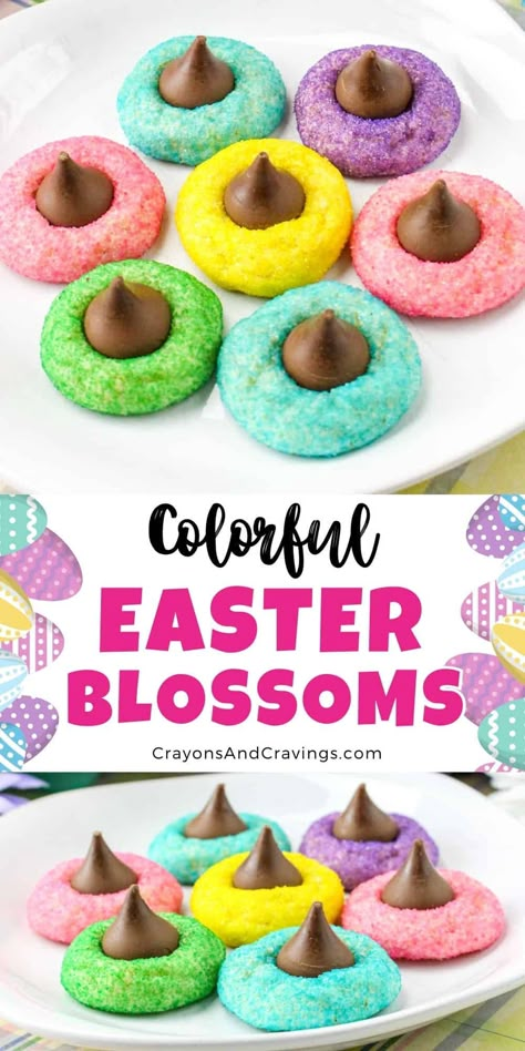 Easter blossom cookies are a colorful, festive twist on classic blossom cookies! A soft and chewy sugar cookie base is rolled in colorful sugar, baked to perfection, and topped with a Hershey’s kiss to create these beautiful and tasty Easter cookies. #eastercookies #easterdesserts Chewy Sugar Cookie, Easter Deserts, Easter Cookie Recipes, Easter Party Food, Easy Easter Treats, Easy Easter Desserts, Cookie Base, Easter Sugar Cookies, Easter Snacks