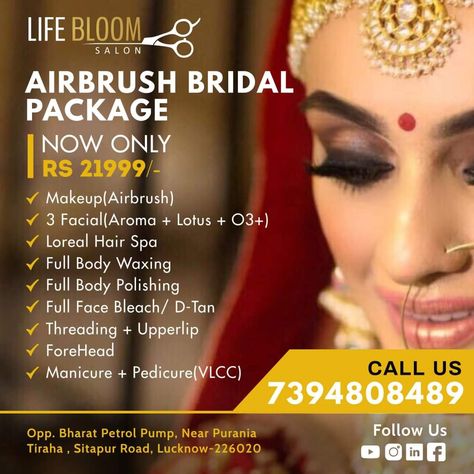 Bridal Packages Salon, Pre Bridal Packages, Makeup Artist Business Cards Design, Banner Pics, Beauty Salon Price List, Beauty Salon Marketing, Bridal Makeup Services, Pre Wedding Makeup, Salon Offers