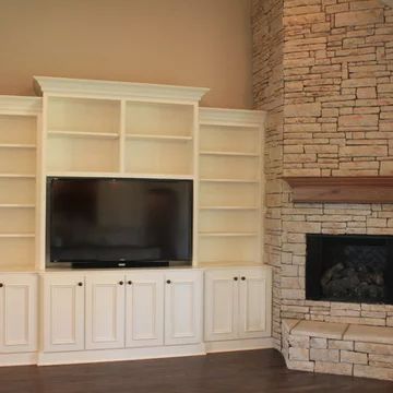 De Stijl, Stone Cabinets, Fireplace Light, Corner Fireplace Living Room, Built In Bookshelves, Tv Built In, Built In Shelves Living Room, Fireplace Entertainment Center, Granny Flats