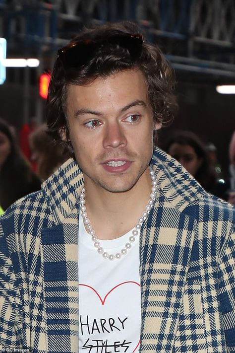 Statement maker: Harry Styles on December 18 2019 wearing a t-shirt and a strand of pearls Men In Pearls, Men Wearing Pearls, Harry Styles Pearl Necklace, Men Pearls, Harry Styles Pearls, Harry Styles Jewelry, Mens Pearl Necklace, Pearl Outfit, Pearl Necklace Men