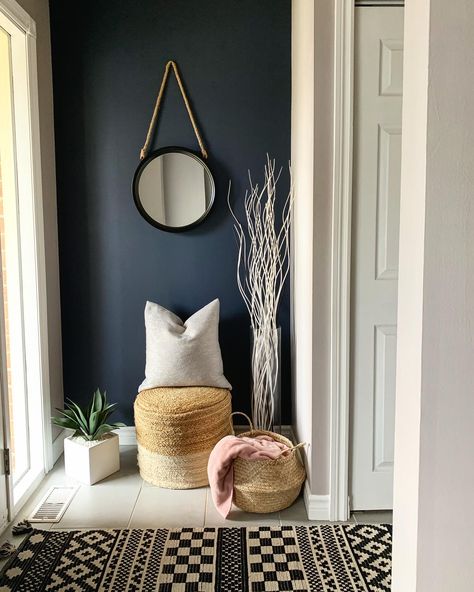 Redid our entryway it in Benjamin Moore’s Hale Navy Bedroom Inspirations Navy, Navy White Bedroom, Navy Accent Wall, Entryway Colors, Accent Wall Entryway, Navy Accent Walls, Blue Hallway, Wall Entryway, Grey Accent Wall