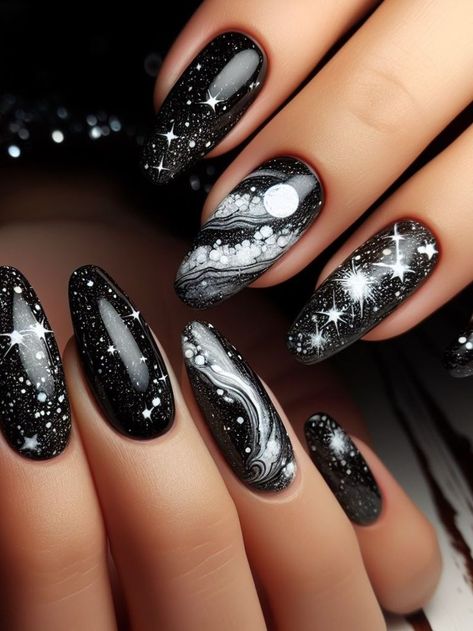 A dramatic black and white nail design inspired by the night sky, with swirling galaxies and twinkling stars for a celestial look Formal Nail Designs Sparkle, Celestial French Tip Nails, Black Nails Stars, Black Celestial Nails, Celestial Nails, Matte Nail Colors, Black And White Nail, Black And White Nail Designs, Light Blue Nails