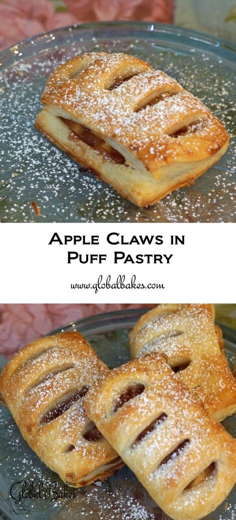 Apple Claws - Global Bakes Apple Bear Claw Recipe, Bear Claws Recipe Easy, Bear Claw Recipe, Sweet Puff Pastry Recipes, Hello Sunday Morning, Apple Pastries, Sweet Puff Pastry, Apple Pastry, Mousse Cake Recipe