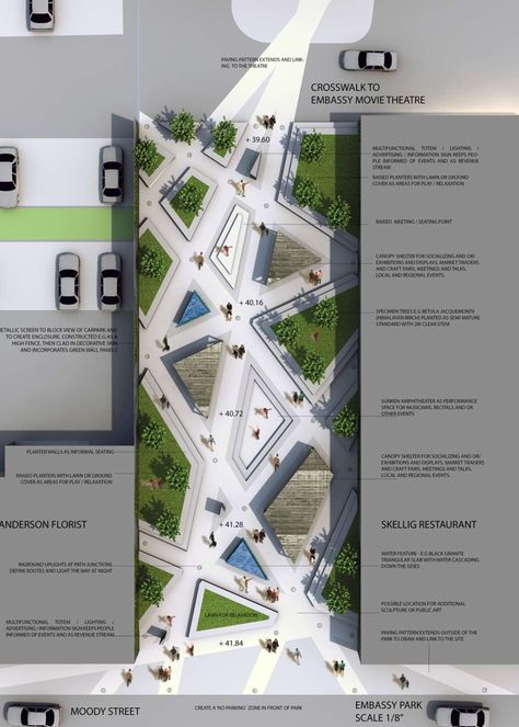 1 - The competition was to come up with an idea for 'Embassy Park' a forgotten, awkward space between buildings and the middle of a car park. We aimed to cre... Landscape Masterplan, Tech Drawing, Villa Architecture, Landscape Architecture Plan, Plaza Design, Public Space Design, Urban Landscape Design, Park Design, Architecture Board