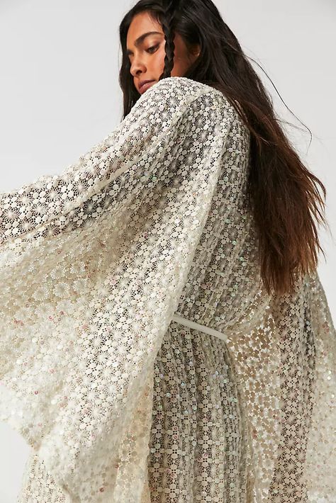 Daisy Jones & the Six Collection | Free People Crochet Sequins, Mediterranean Culture, Bat Wing Sleeves, Maxi Dress Coverup, Wing Sleeves, Free People Maxi, Sheer Gown, Daisy Jones, Free People Maxi Dress