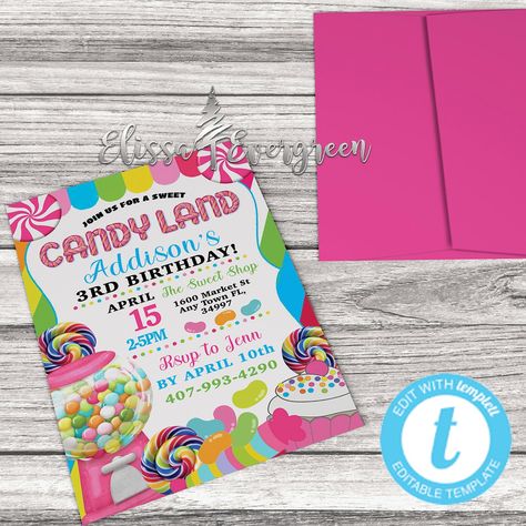 Candyland Invitation, Save The Date, Evite Template, Digital Template, Electronic Save Date, Customizable, Editable, Instant Download by byelissaevergreen on Etsy Candyland Invitations, Christmas Treat Bags, Reindeer Food, Candyland Party, Bag Topper, Diy Candy, Personalized Favors, Party Invite Template, Candy Land