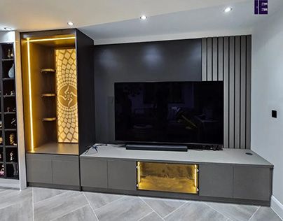 Tv Unit Grey And White, Tv Unit With Pooja Unit Design Modern, Tv Unit With Puja Unit Modern, Grey Tv Unit Living Room, Floor Tv Unit, Tv Unit With Temple Design, Tv Unit With Puja Unit, Tv Unit With Pooja Unit, Temple Unit