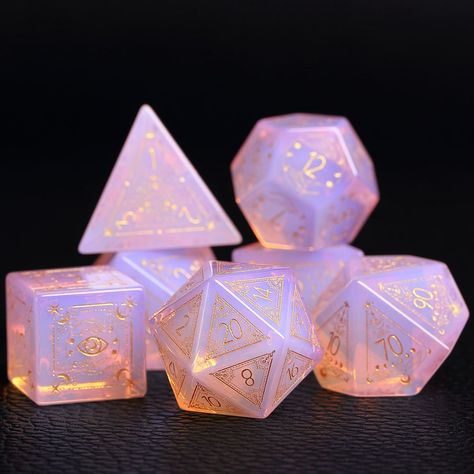 Details - Luxury Opal Gemstone Dice - Seven precious polyhedral dice - Hand-made and hand-raised - Recommended for use in dice trays Size of each dice: D4 = 16 mm D6 = 16 mm D8 = 16 mm D10 = 16 mm D% = 16 mm D12 = 18 mm D20 = 18 mm Pretty Dnd Dice, Dnd Dice Aesthetic, Cool Dnd Dice, Pretty Dice, Dice Goblin, Dnd Crafts, Hand Raised, Dungeons And Dragons Dice, Nerdy Gifts