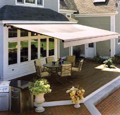 Outdoor Kitchen Awning, Retractable Awnings Over Patio, Outdoor Awning Ideas Patio Shade, Awning Patio, Back Porch Awning, Awning Backyard, Awnings For Patios, Awnings Over Decks, Backyard Awning Ideas