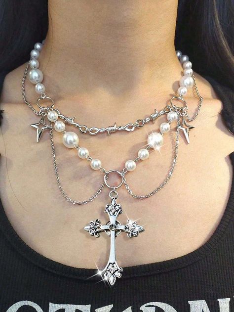 Unique Design Double-Layered High-Gloss Pearl Tassel Cross Star Necklace For Women, Versatile; Faux Pearl Tassel Heart-Shaped Diamond-Encrusted Cross Necklace For Women, Versatile; Y2K Beaded Chain Necklace For Women, Unique Style; Heart-Shaped Faux Pearl Cross Choker Necklace, Trendy Jewelry For Women Silver    Stainless Steel     Women Fashion Jewelry, size features are:Bust: ,Length: ,Sleeve Length: Cross Pendant Necklace Woman, Vampire Necklace, Cross Choker Necklace, Grunge Jewelry, Goth Necklace, Cross Choker, Goth Jewelry, Gothic Necklace, Women Pendant