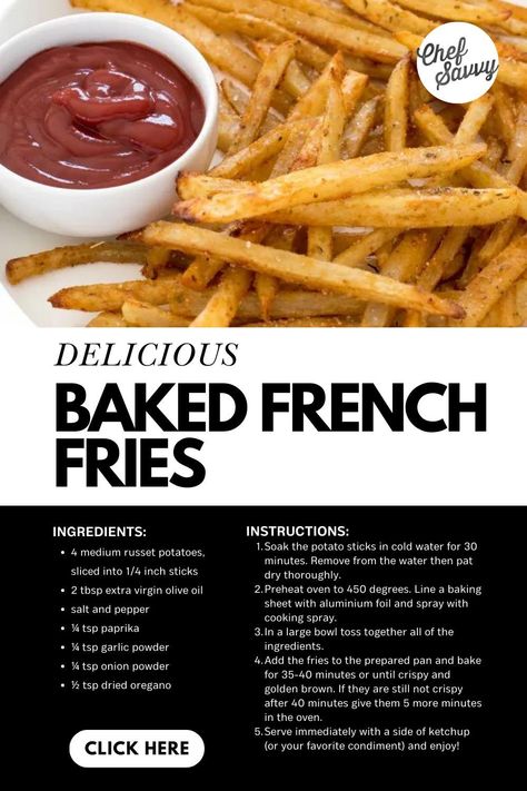 Save this Homemade Crispy Baked French Fries Recipe! These baked French fries are easy, delicious, and might give your favorite restaurant brand a run for its money! Soft and fluffy on the inside, yet extra crispy on the outside, these homemade baked French fries are a side dish you can feel good about eating. Follow Chef Savvy for more healthy potato recipes. How To Make French Fries, Homemade French Fries In Oven, Homemade Fries In Oven, Homemade Baked French Fries, French Fries Recipe Homemade, Crispy Baked French Fries, French Fries Homemade, Types Of French Fries, French Fry Recipe Baked