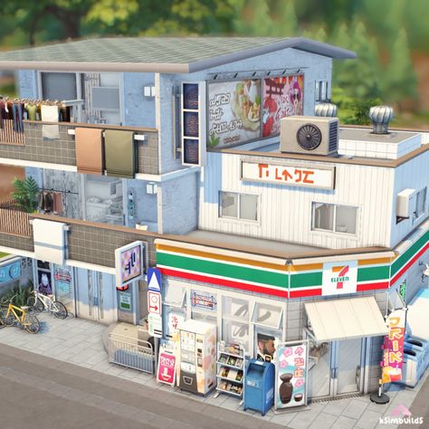 Sims 4 Japanese Convenience Store, Flower Shop Bloxburg Interior, Japanese City Buildings, Japanese Apartment Building Exterior, Syd Mac Sims 4 Builds, Sims 4 Mt Komorebi Apartment, Sims 4 Korean House Cc, Sims 4 Cat Cafe, Sims 4 Japanese House Cc