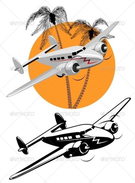 Cartoon Retro Airplane by Mechanik | GraphicRiver Sea Silhouette, 3d Pen Stencils, Cars Vector, Retro Airplane, Plane Tattoo, Train Illustration, Aviation Image, Airplane Tattoos, Sunset Tattoos