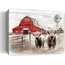 Landscape Wall Painting, Bathroom Artwork, Wall Art Red, Country Wall Decor, Cow Canvas, Red Art Print, Wall Decor Pictures, Farmhouse Wall Art, Country Style Homes