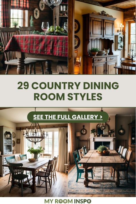 This pin showcases 4 stunning images of cozy country dining room styles highlighting rustic decor and inviting designs perfect for warm family gatherings. French Country Farmhouse Dining Room, Dining Room Design Traditional, Vintage Modern Dining Room, Country Farmhouse Dining Room, Dining Room Decor Country, Country Dining Room Ideas, Dining Room Design Farmhouse, Dining Room Buffet Decor, Antique Dining Room Table