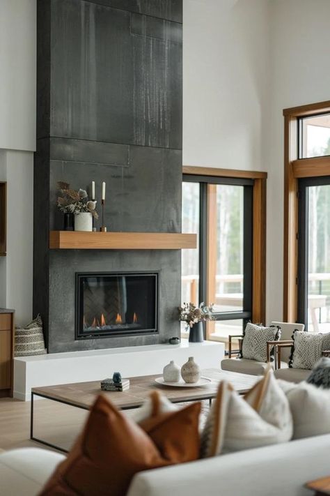 Elevate Your Space with Two Story Fireplace Ideas Wall To Ceiling Fireplace, Two Story Double Sided Fireplace, Fireplace Ideas Floor To Ceiling, 20ft Fireplace Wall, Centered Fireplace Living Room, Vertical Fireplace Ideas, Modern Tall Fireplace, Tall Fireplace Mantle, Fireplace Between Two Doors