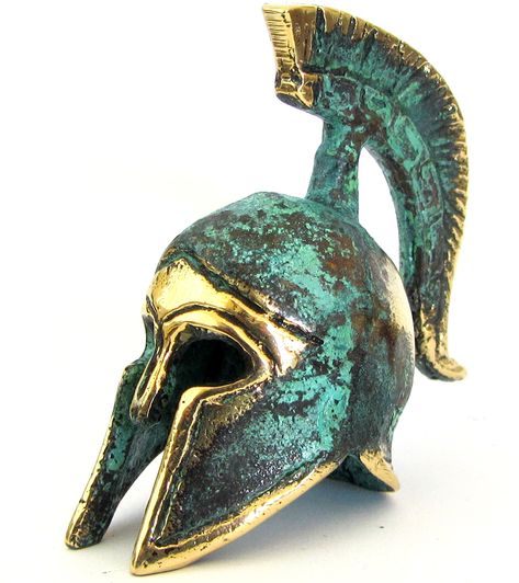 PRICES MAY VARY. Ancient Greek Spartan helmet from the Peloponnesian city of Sparta, dated 480 B.C. Period: Greek Age (6th-4th century B.C.) Code: 387 Dimensions: 7x6cm or 2.75x2.35in / Weight: 100gr / Material: BRONZE / Color: GREEN/GOLD OXIDIGATION This is a handmade Spartan style helmet made in Greece, from 100% bronze using the traditional “lost wax” technique. This is the same technique used by the ancient Greeks to create bronze sculptures and arsenal. The prototype which it was made by is Greek Helmet, Helmet Tattoo, Ancient Greek Jewelry, Greek Decor, Mykonos Blue, Character Statue, Spartan Helmet, Ancient Mayan, Ancient Sculpture