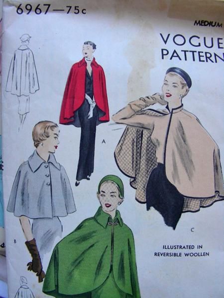 Vogue 6967; ca. 1950; CAPE “EASY-TO-MAKE”. Flared cape, in two lengths, seamed at centre-back. Shorter length buttons below large shaped col... Women Cape Pattern, Patron Vintage, Cape Pattern, Vintage Cape, Vintage Dress Patterns, Dress Making Patterns, Vogue Pattern, Capes For Women, Cape Coat