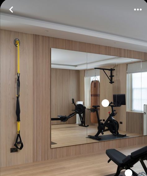 Mirrored Gym Wall, Laundry And Gym Room, Mirror Wall Home Gym, Glass Door Gym, Gym With Glass Wall, Home Gym Fridge, Home Gym And Office Combo, Gym Mirror Wall, Home Workout Room