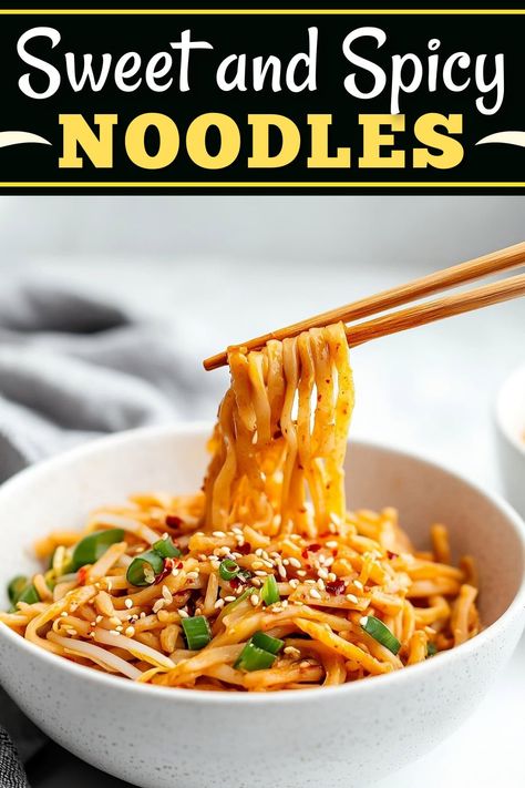 These sweet and spicy noodles are the perfect addition to any Asian feast! They're quick, easy, and delicious. Sweet And Spicy Asian Noodles, Sweet And Spicy Noodle Recipes, Quick Asian Noodle Sauce, Sweet And Spicy Ramen Noodles, How To Make Spicy Noodles At Home, Asian Recipes Rice Noodles, Sticky Noodles Asian, Tiffy Cooks Noodles, Rice Noodle Sauce Recipes