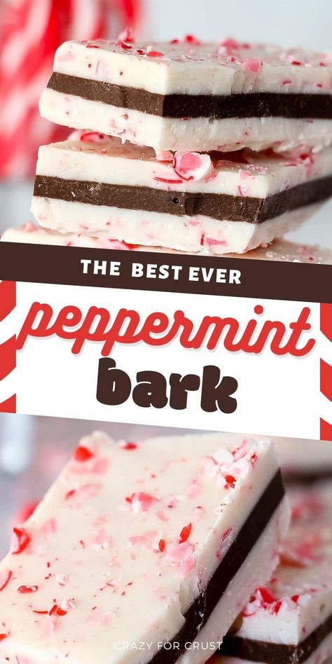 This EASY Peppermint Bark recipe layers white chocolate with chocolate and candy canes. You can use your favorite chocolate to make this homemade candy - learn how to make the BEST Peppermint Bark you'll ever eat - better than anything you'll buy! Easy Peppermint Bark Recipe, Chocolate Peppermint Bark Recipe, Easy Peppermint Bark, Peppermint Desserts, Peppermint Bark Recipe, Homemade Peppermint Bark, Christmas Bark Recipes, Peppermint Bark Recipes, Christmas Bark