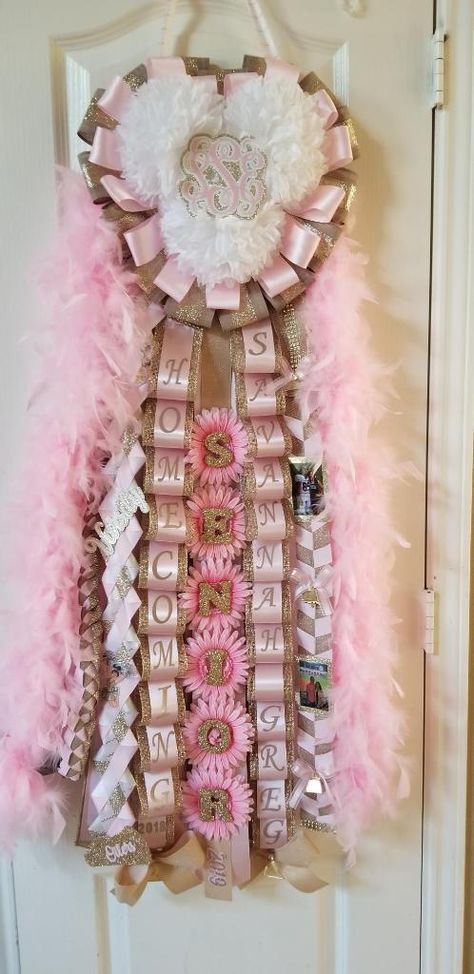 Purple And Silver Homecoming Mum, 2023 Mum Ideas, Pink White And Gold Homecoming Mum, Pink Mums Homecoming Small, Senior Hoco Mums Pink, Senior Mums Homecoming White And Rose Gold, Pink And Gold Mums Homecoming, Pink And White Mums Homecoming, Pink And White Senior Mum