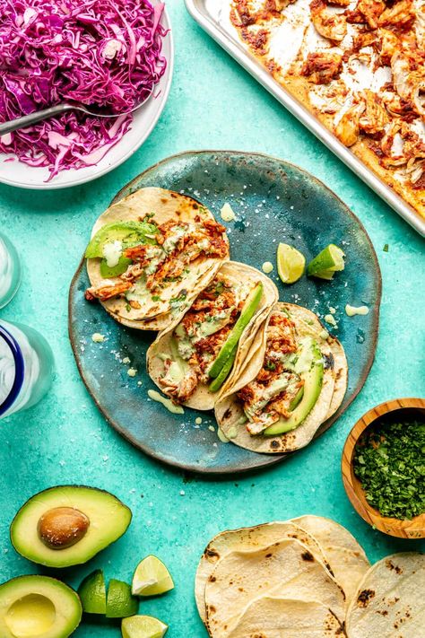 Chicken Tinga Tacos Recipe, Chicken Tinga Tacos, Tinga Tacos, Chicken Tinga, Creamy Avocado Dressing, Fed And Fit, Traditional Mexican Dishes, Lime Sauce, Taco Night