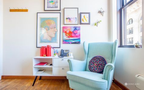 Therapy Offices We Adore: 72 Therapy Spaces That Inspire | Zencare Small Psychotherapist Office, Therapist Office Decor Small Spaces, Counseling Office Space Design, Boho Therapist Office, Colorful Therapy Office, Small Play Therapy Office, Blue Therapy Office, Art Therapy Room Design, Play Therapy Office Set Up