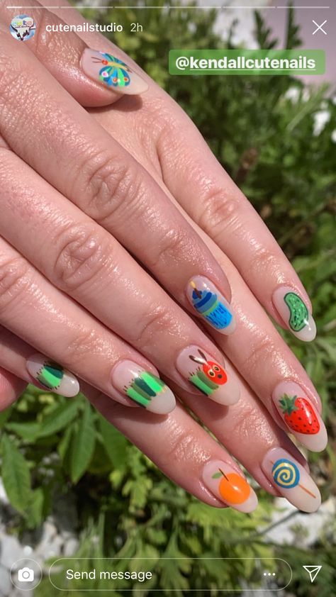 Quirky Nail Art Designs, Very Hungry Caterpillar Nail Art, The Very Hungry Caterpillar Nails, Veggie Nail Art, Worm Nail Art, Hungry Caterpillar Nails, Vegetable Nails, Food Themed Nails, Carrot Nails